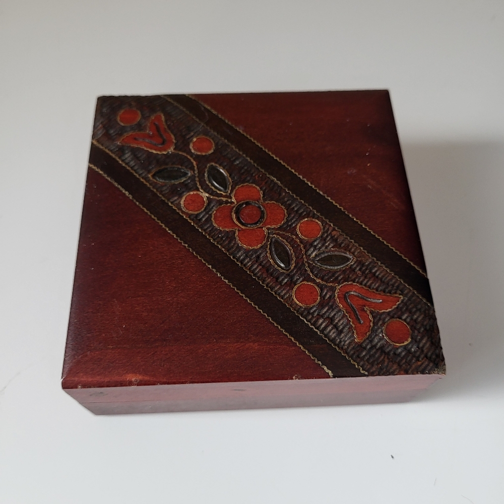Vintage Square Embossed Carved Wooden Hinged Trinket Box